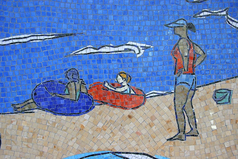San Diego Airport Mosaic Mural laid Details of Kids in Inner Tubes