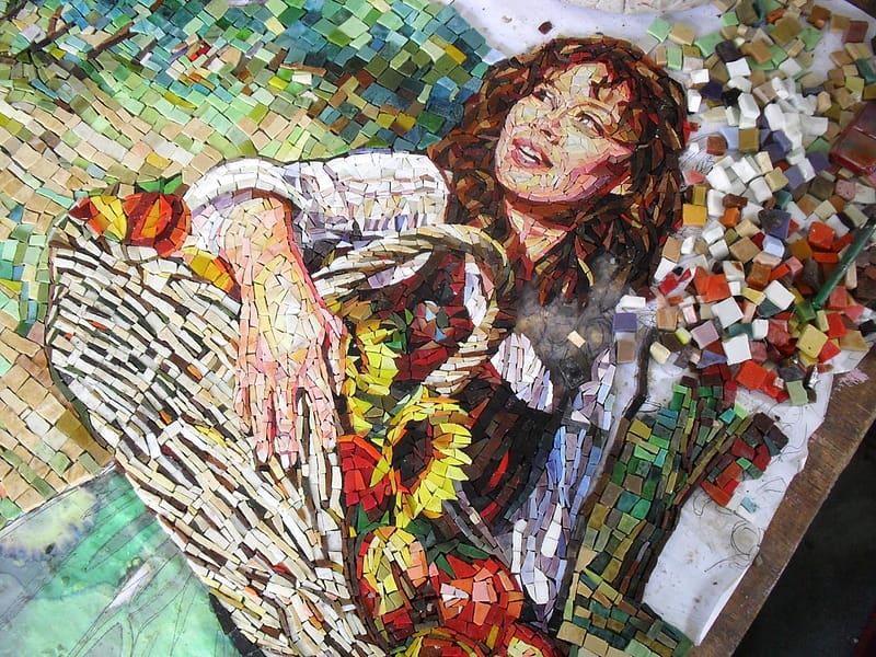 Kitchen backsplash mosaic of women walking through a Orchard details