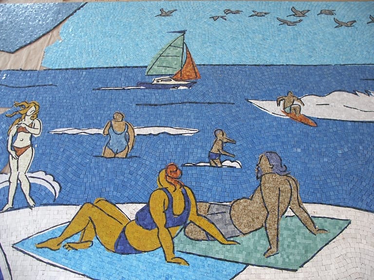 San Diego Airport Mosaic Mural progress of man and women on beach