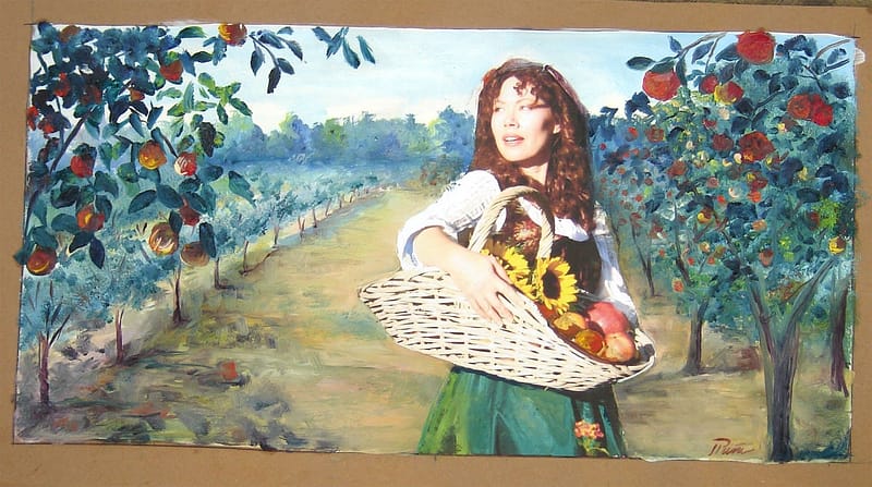 Kitchen backsplash mosaic of women walking through a Orchard Drawing